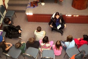 Students gather round Rav Rebekah